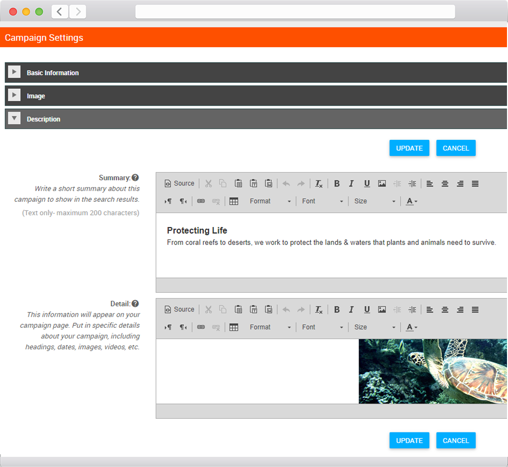Use dropdown fields to edit your Connect campaign page.
